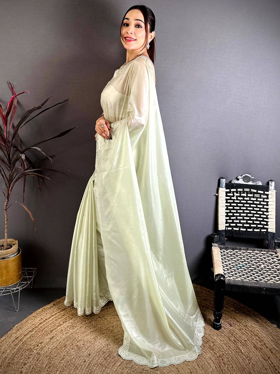 Stylish Silver Glass Stone Work Silk Saree
