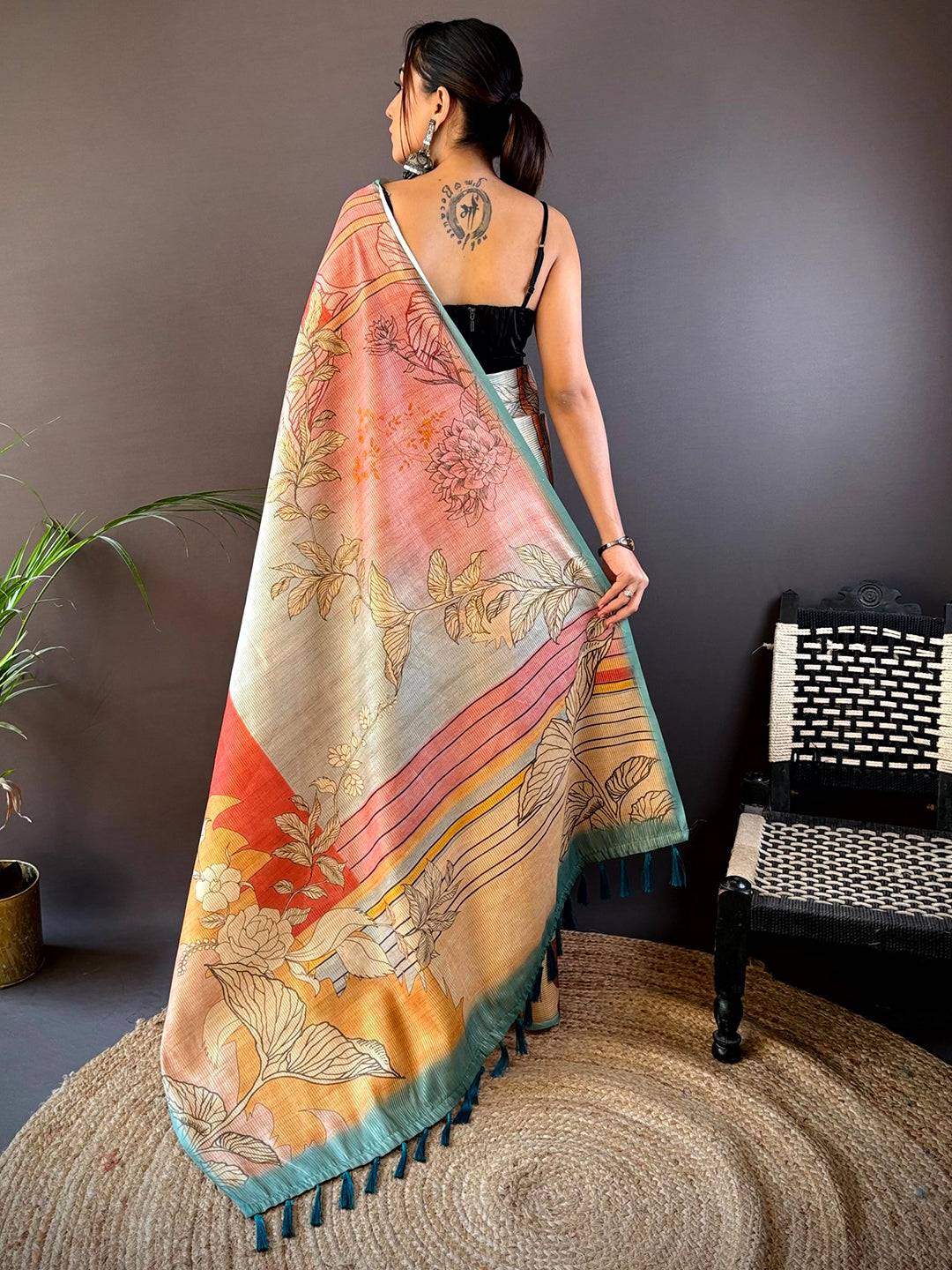 Rama Abstract Floral Zari Tussar Saree