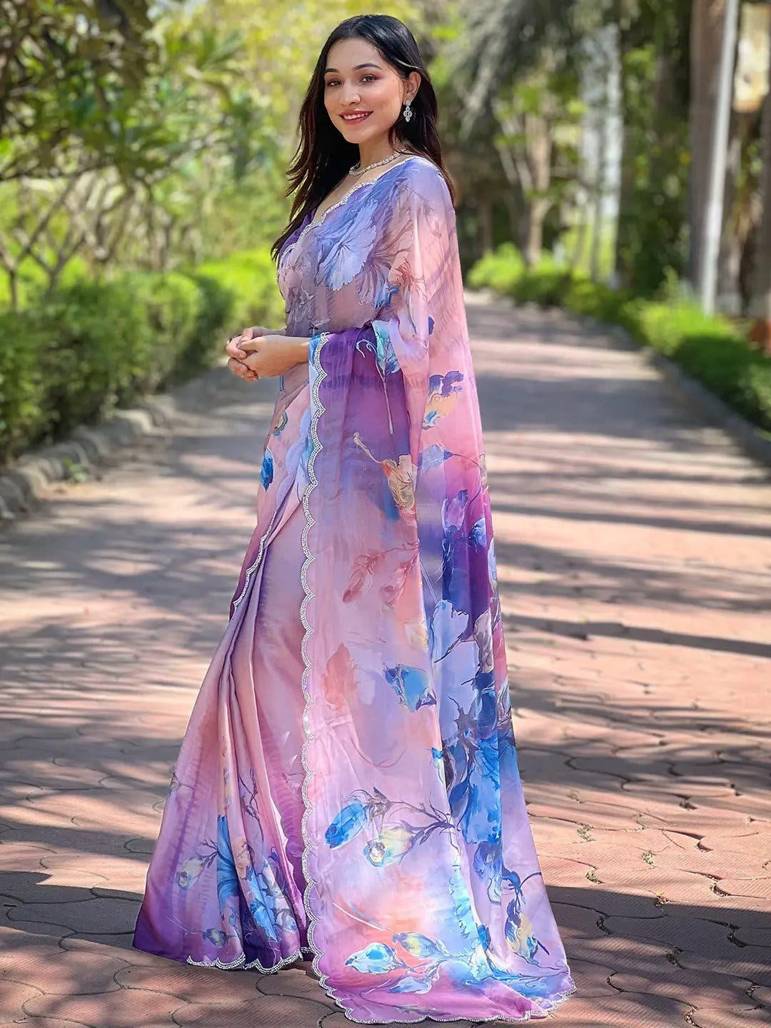Lust Lavender Satin Georgette Floral Print Saree