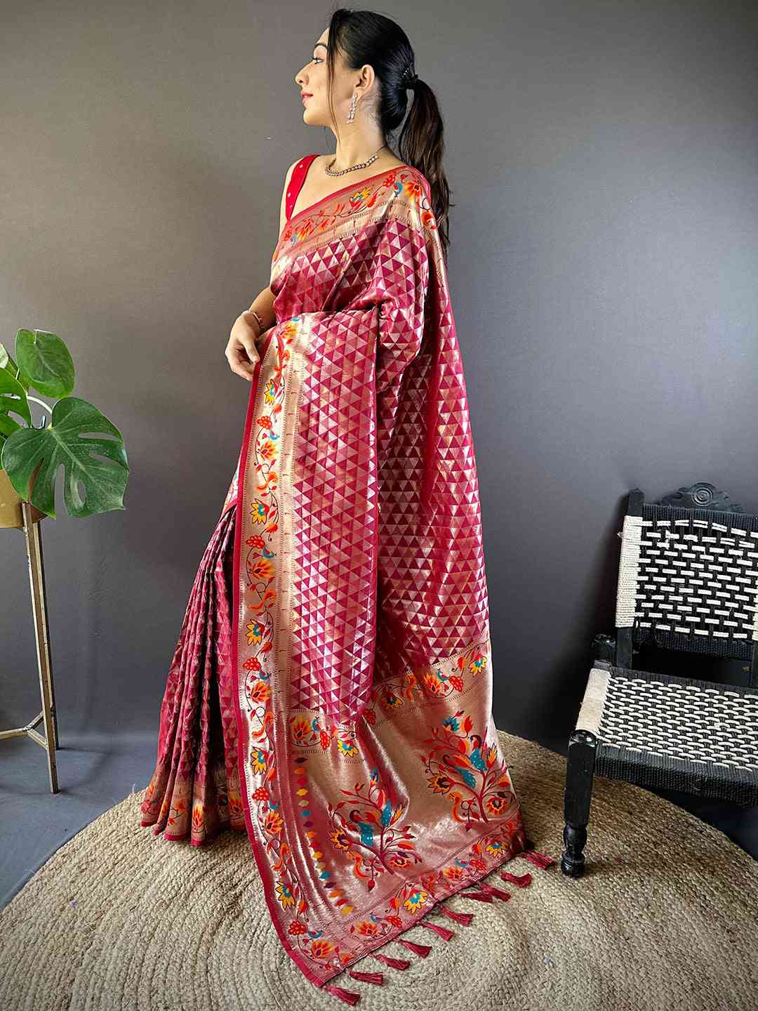 Maroon Silk Blend Woven Zari Work Paithani Saree