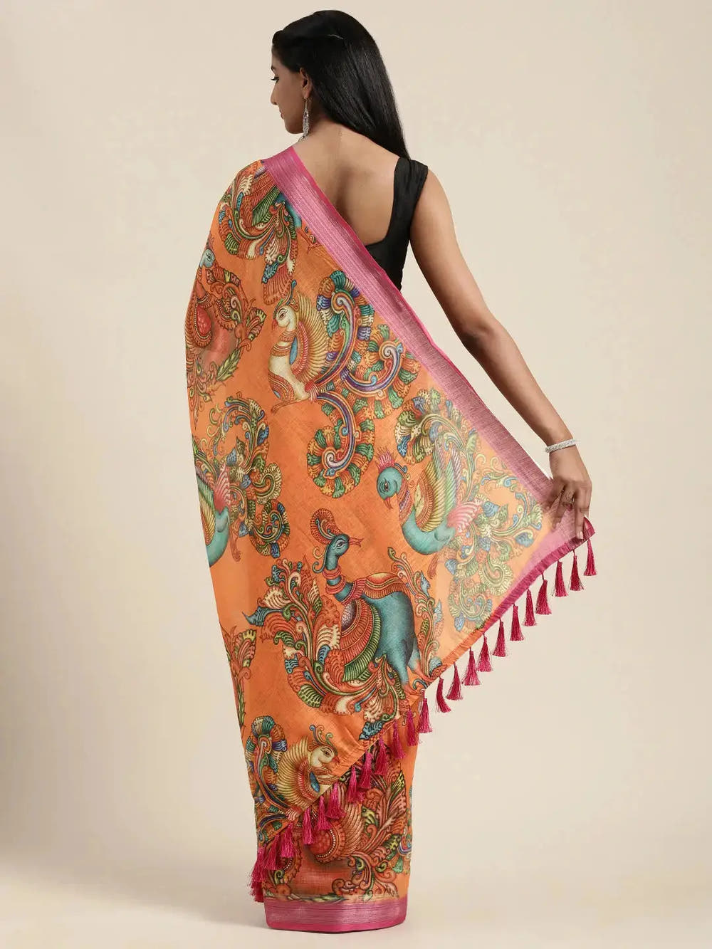Orange Colour Kalamkari Print Saree With Zari Border