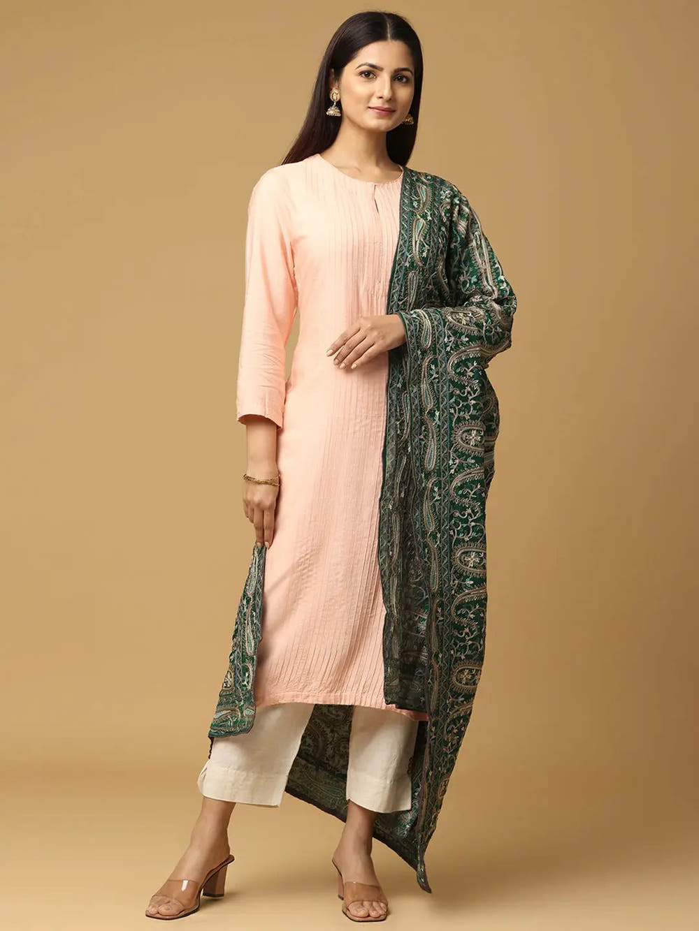 Dark Green Tonal Paisley Pashmina Dupatta
