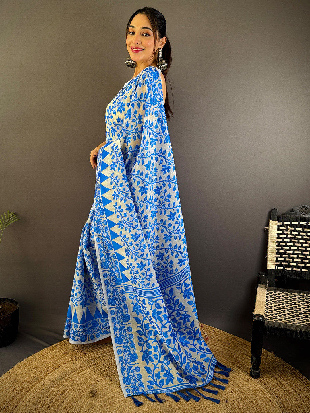 Sky Blue Dhakai Jamdani Cotton Silk Saree