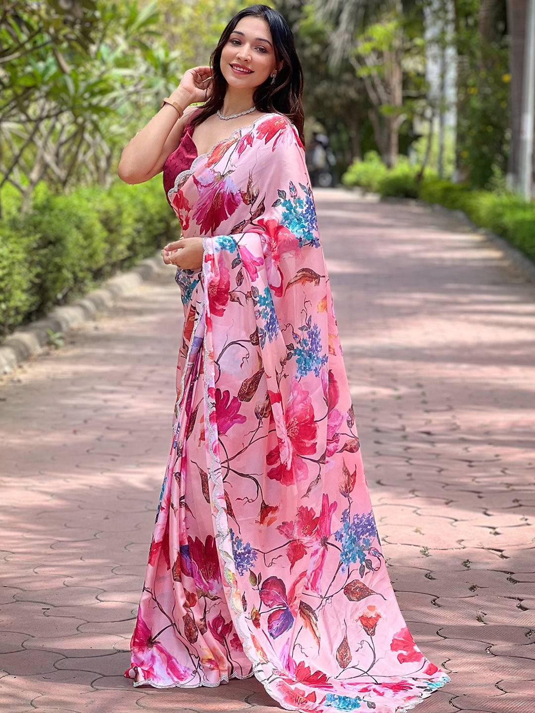 Peach Satin Georgette Floral Print Saree