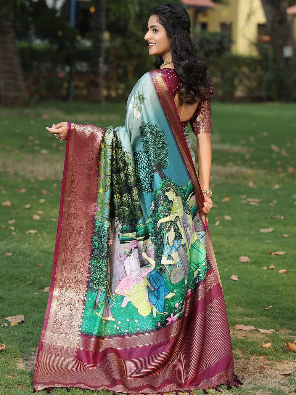 Viscose Dola Silk Sky Blue Colour Saree with Floral and Mughal Print - Luxe