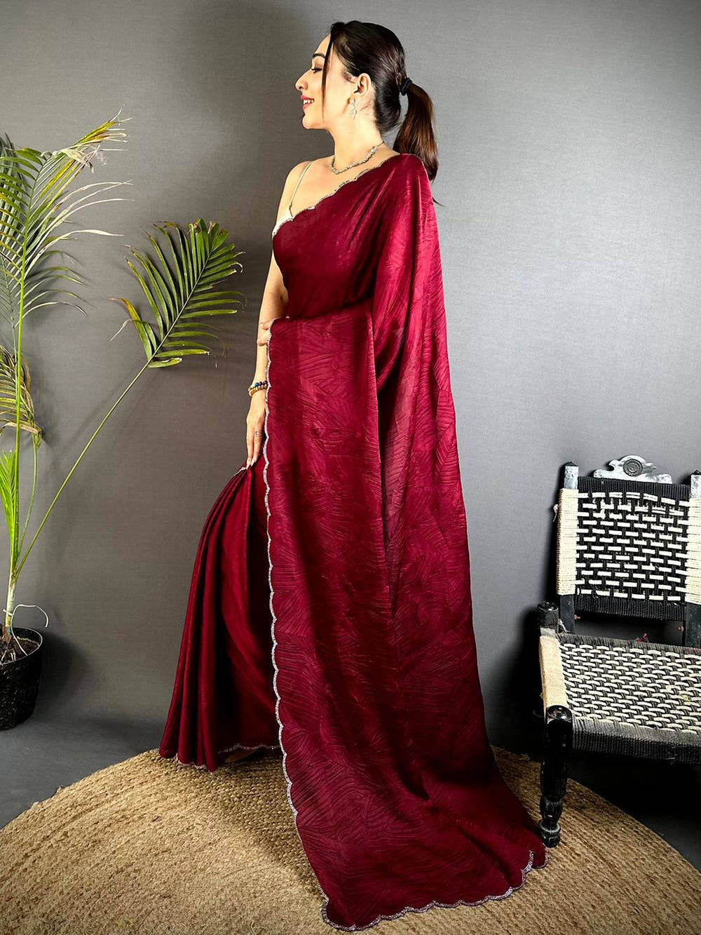 Red Stone Work Silk Crush Saree