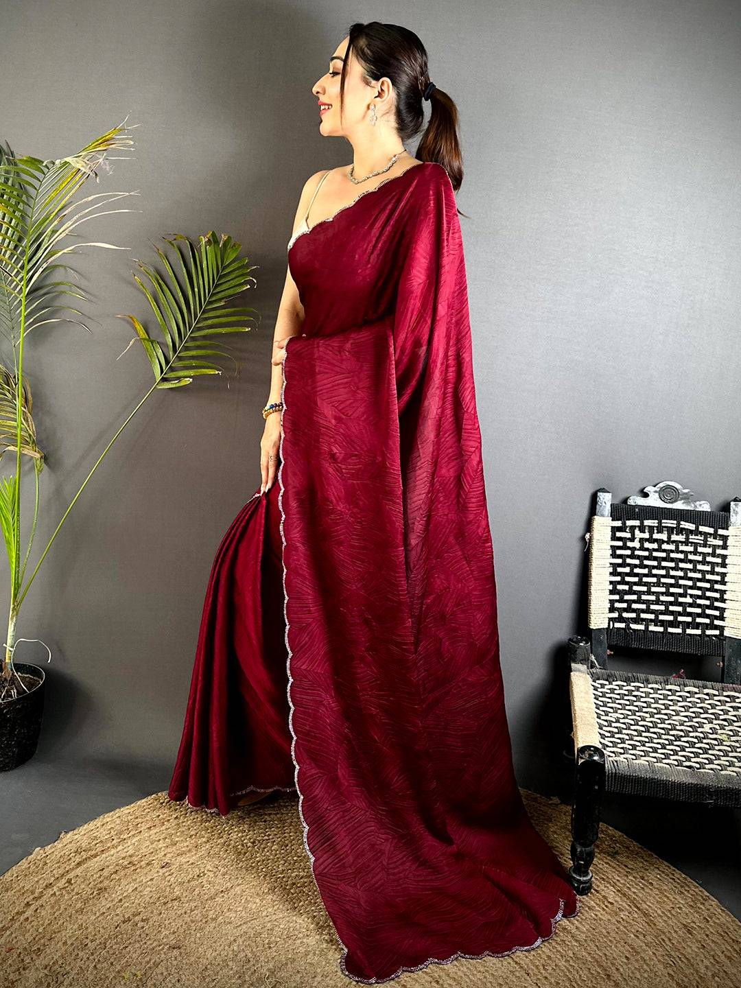 Red Stone Work Silk Crush Saree