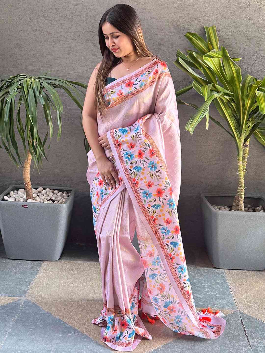 Light Pink Colour Kanjivaram Weaving Saree With Print