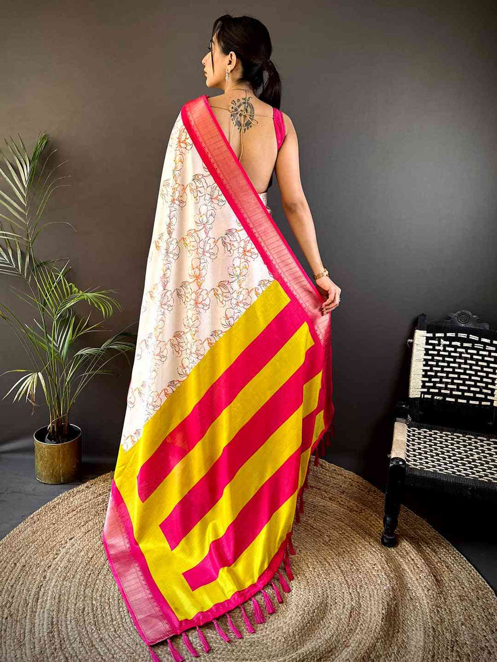 White Dola Silk Bird Print Saree
