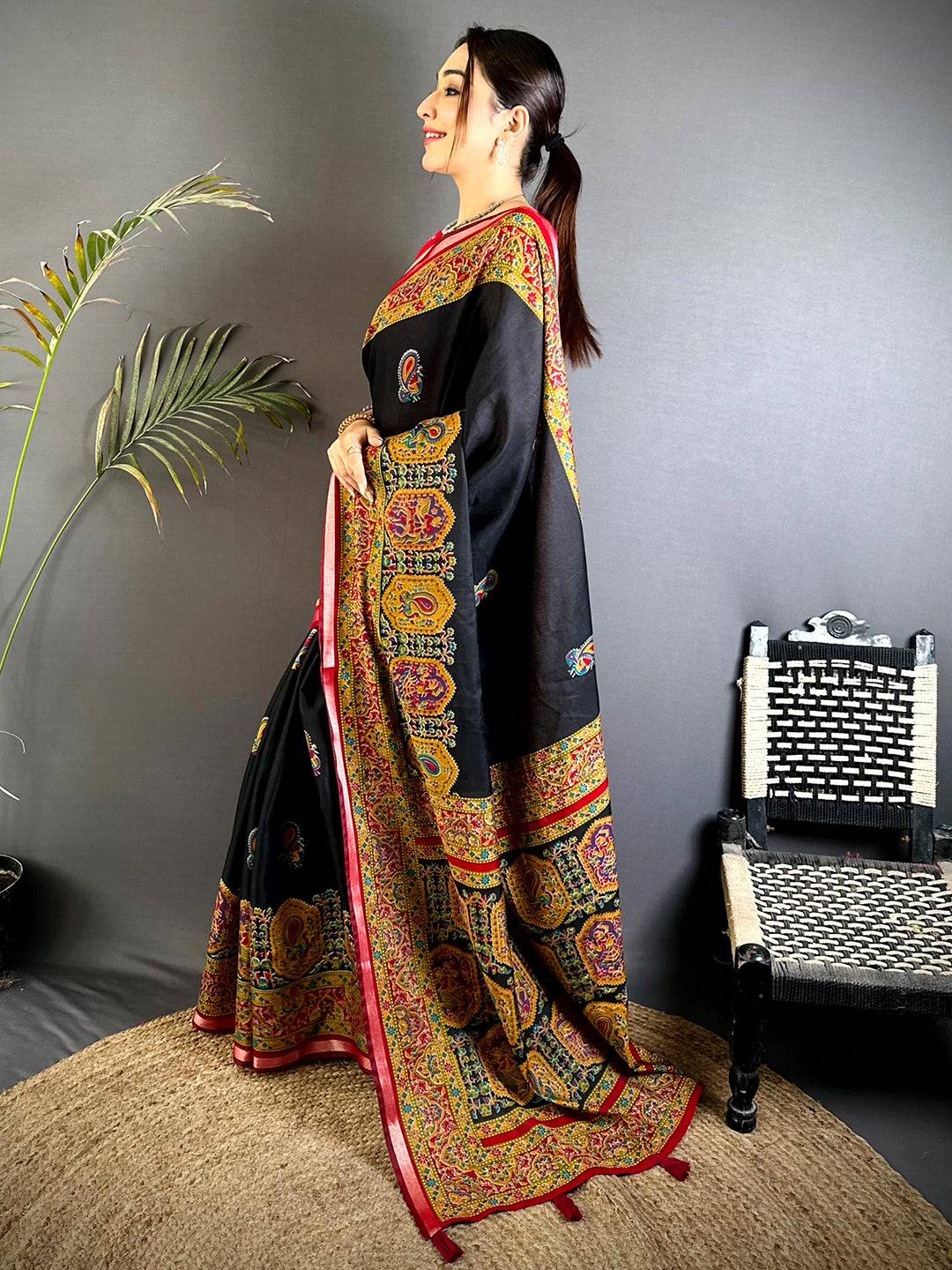 Black Kalamkari Pashmina Cotton Saree