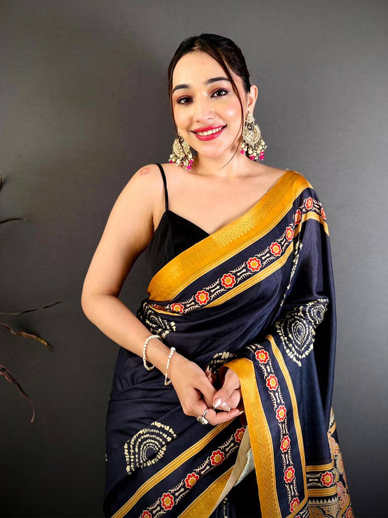 Classic Block Ajrakh Print Soft Tussar Saree