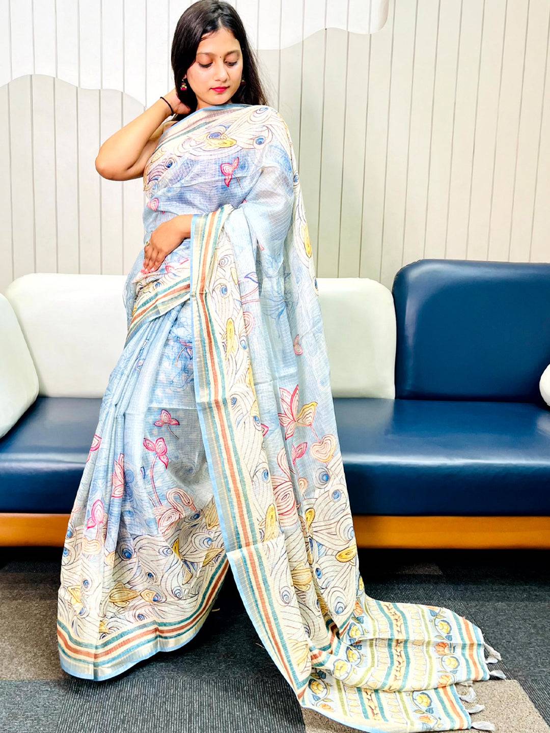 Sky Blue Kota Doriya Silk Saree With Floral Kalamkari Print