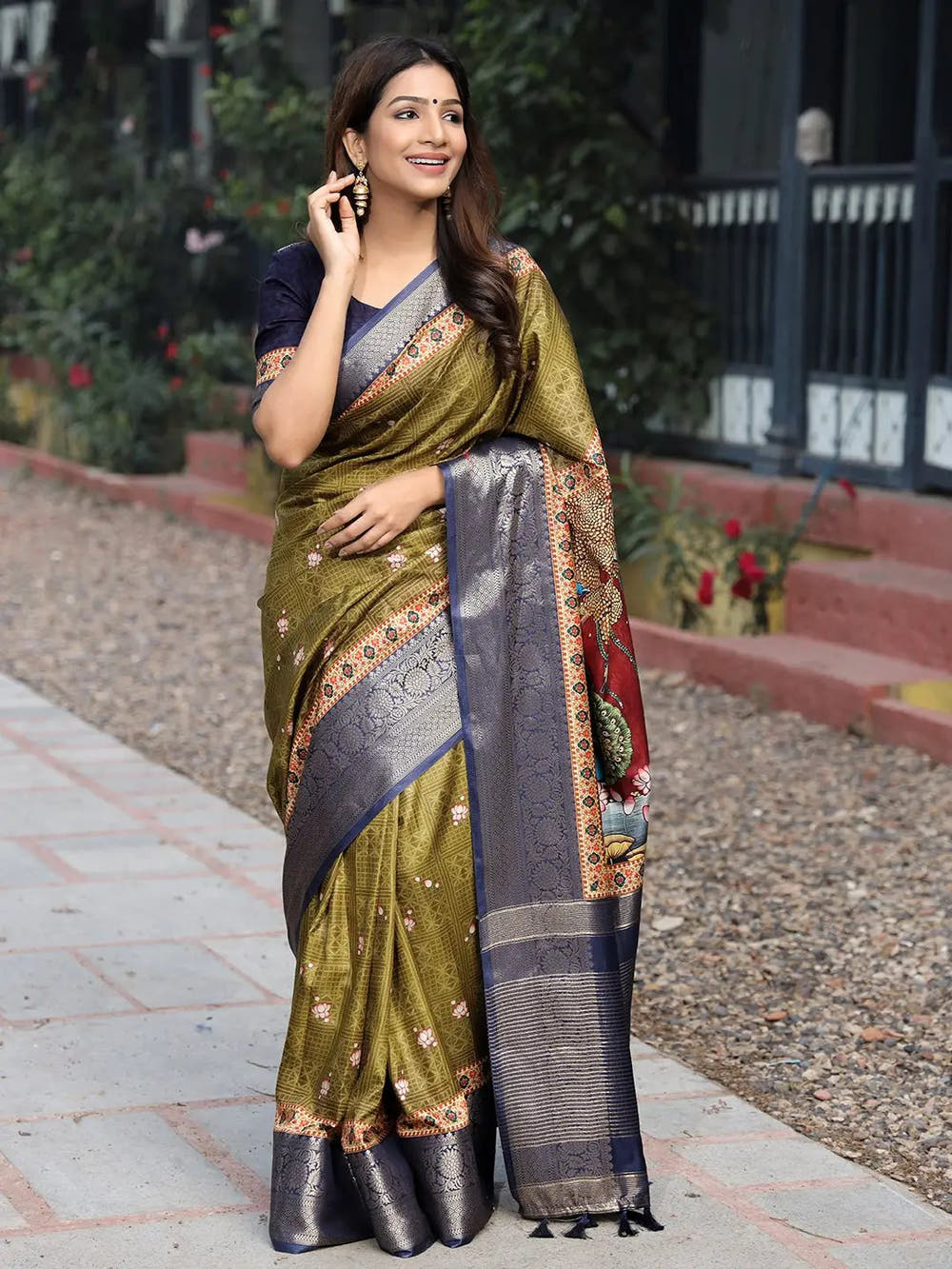 Olive Colour Pure Viscose Dola Silk Saree with Pichwai Kalamkari Print - Luxe