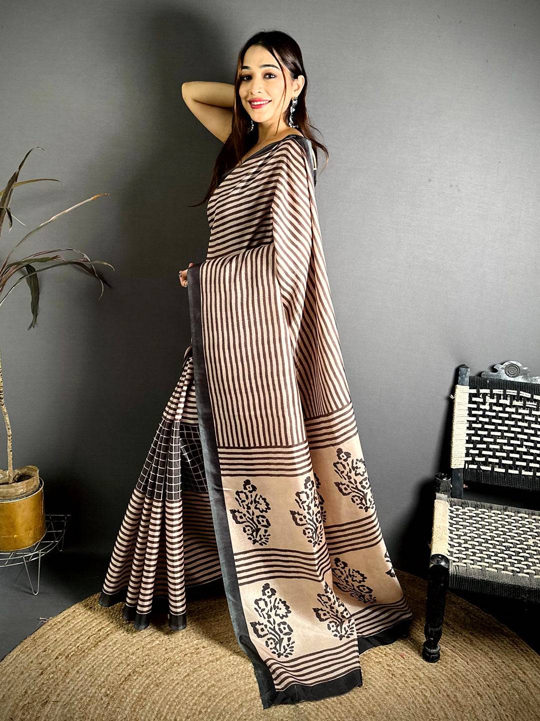 Opulent Ajrakh Block Print Tussar Saree