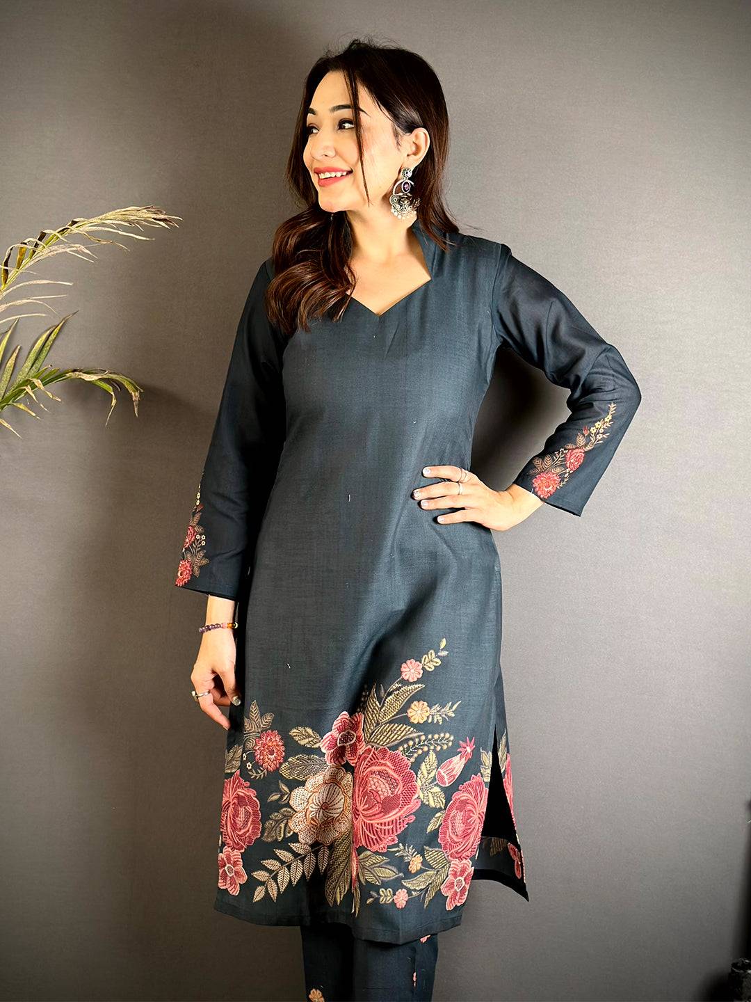 Diamond Neck Floral Mul  Kurti