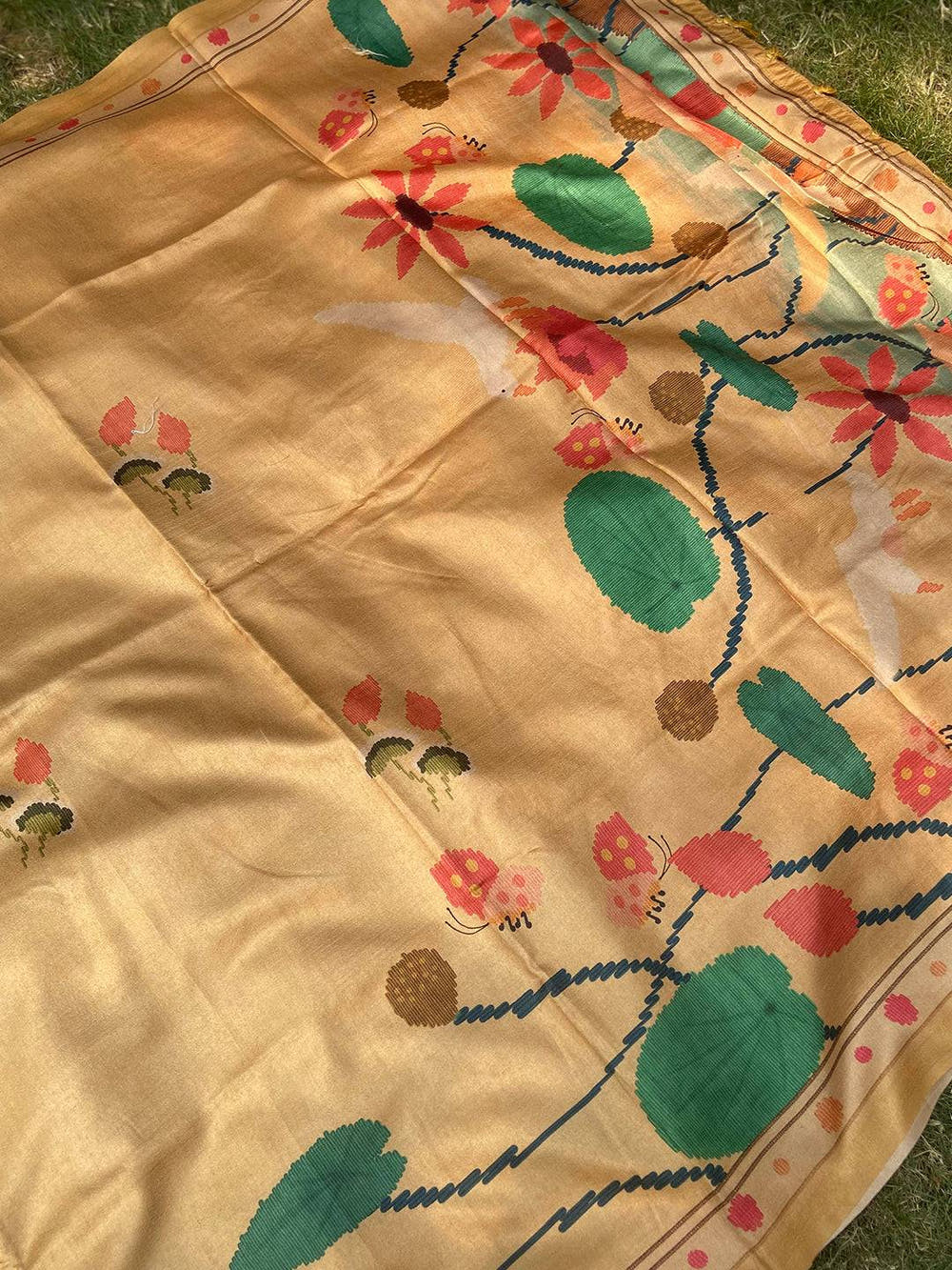 Gold Tussar Silk Saree With Freehand Ikkat Kalamkari Print