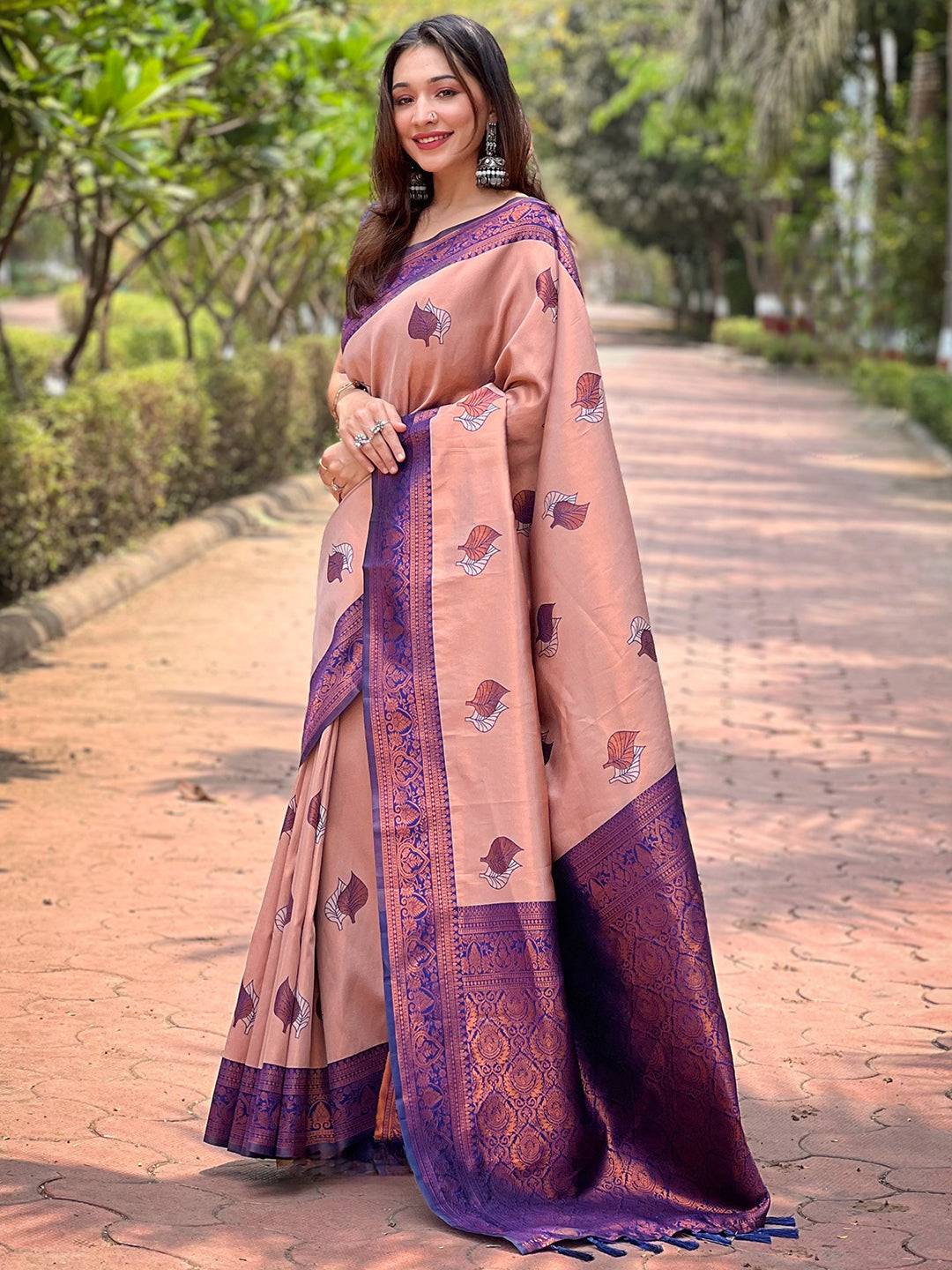 Pastel Peach Kanjivaram Tissue Saree With Gold Zari Weaving