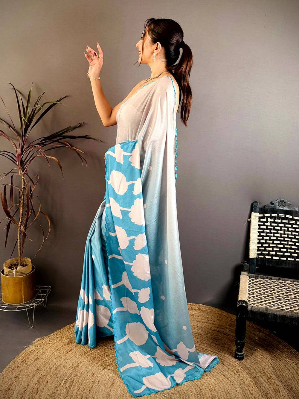 Stylish Floral Print Embroidered Chinnon Saree