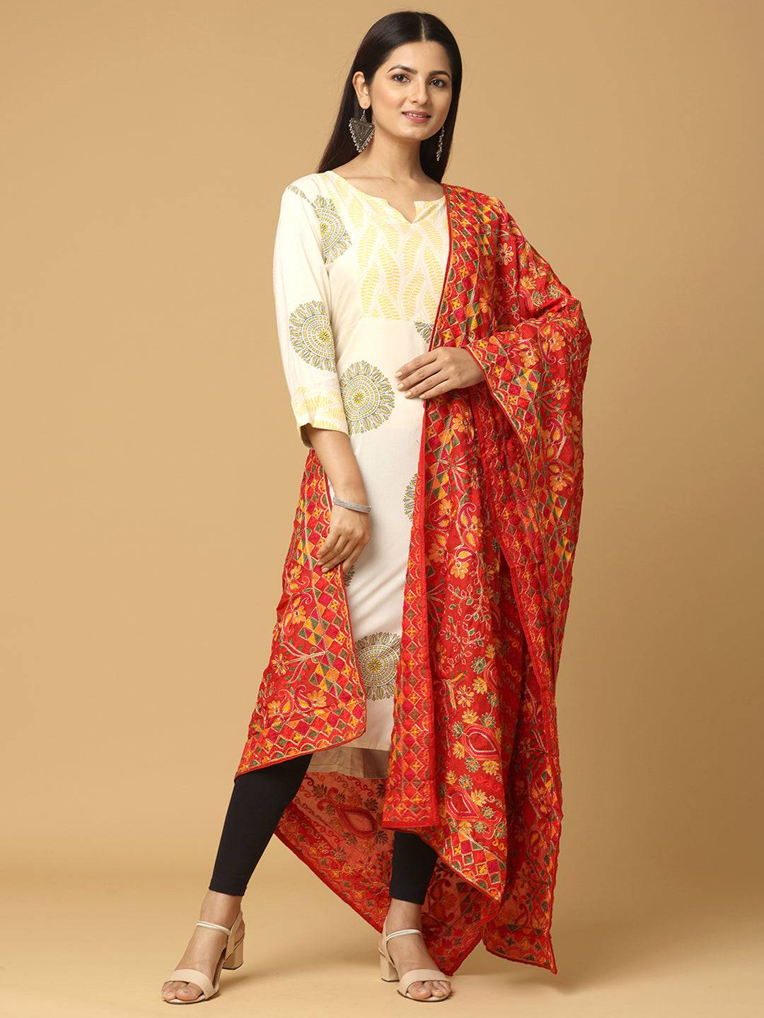 Red Gold Floral Pashmina Dupatta