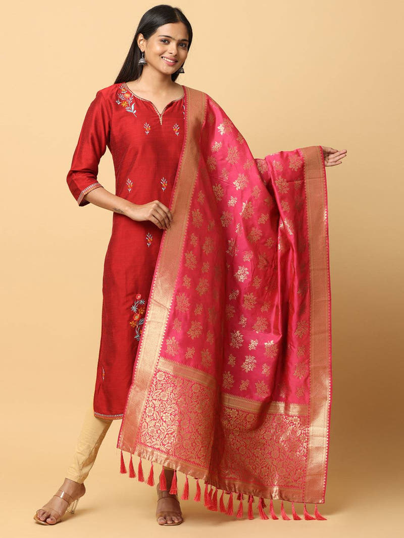 Woven Design Rani Silk Blend Dupatta With Resham Tassels