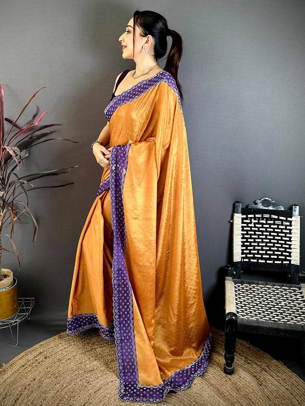 Yellow Poly Chiffon Diamond Stone Work Saree