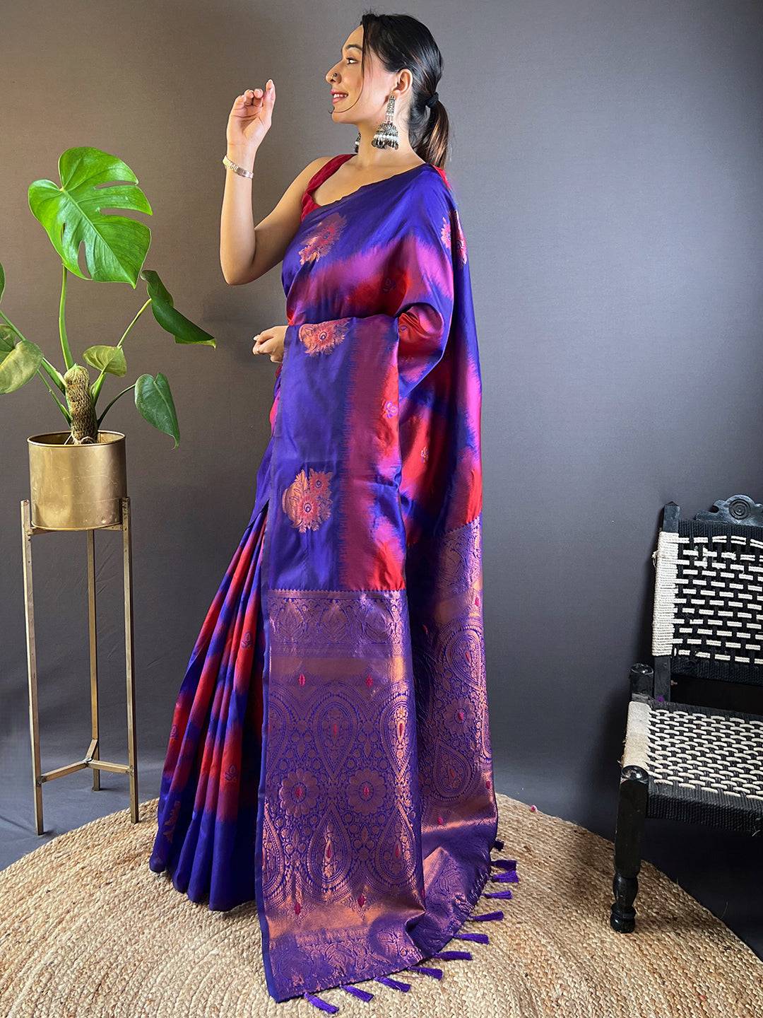 Rose Red Tussar Silk Ikkat Weaving Saree
