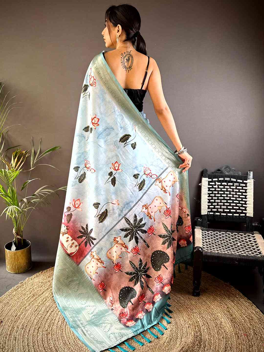 Sky Blue Pichwai Print Soft Silk Saree