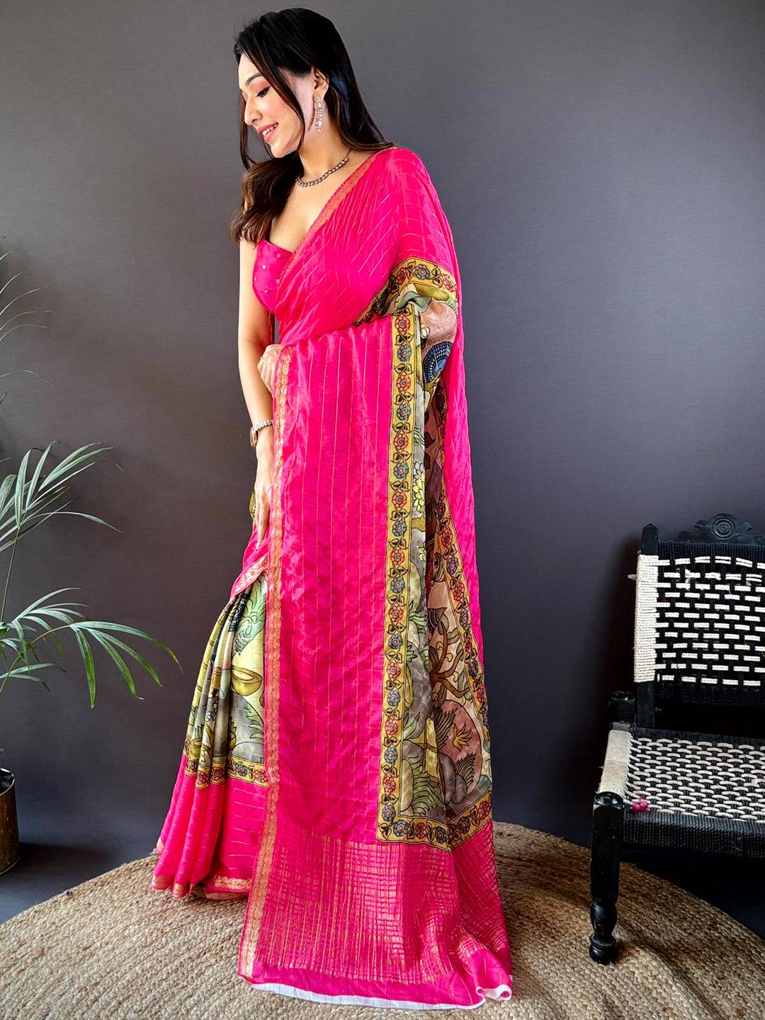 Pink Kalamkari Printed Viscose Chiffon Saree