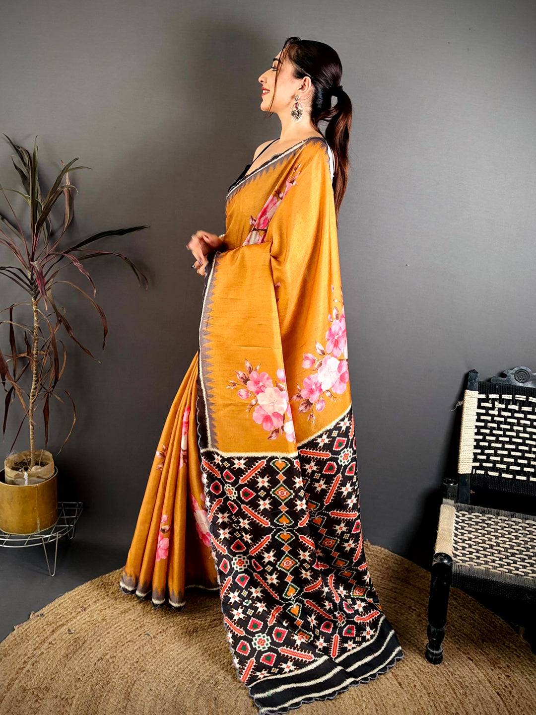 Mustard Tussar Ikkat Patola Saree