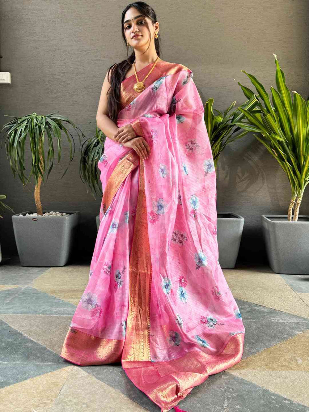 Latest Pink Colour Digital Flower Print Kota Silk Saree