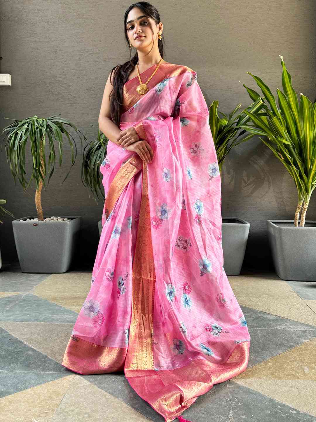 Latest Pink Colour Digital Flower Print Kota Silk Saree