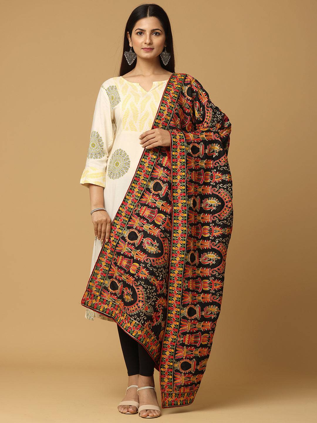 Black Rust Paisley Band Pashmina Dupatta