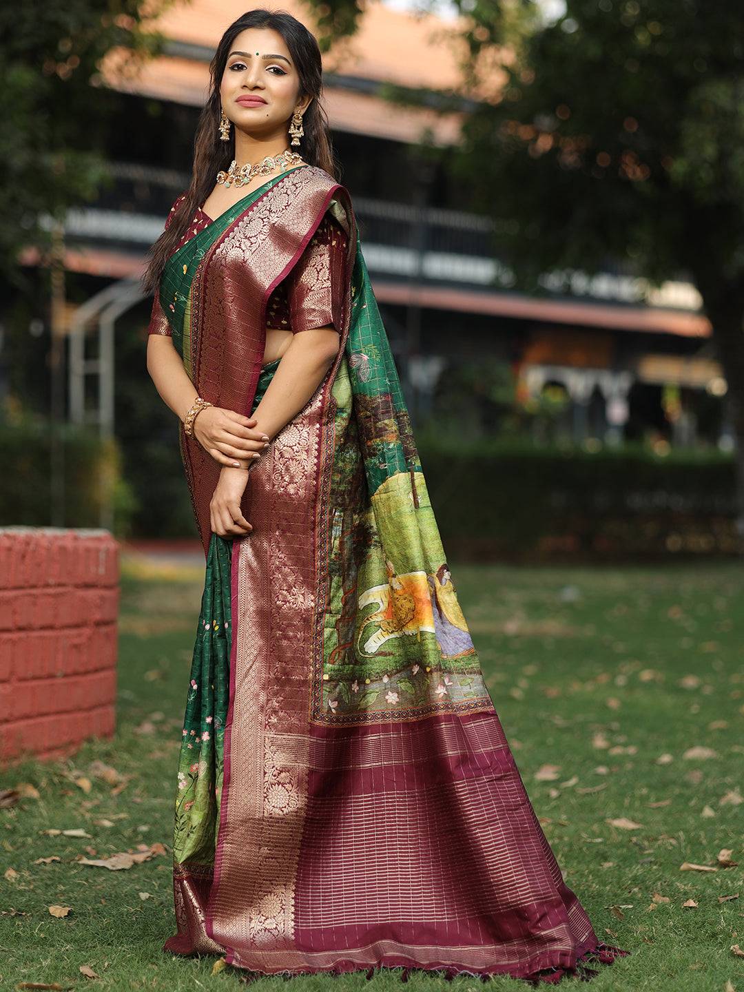 Bottle Green Colour Pure Viscose Dola Silk Saree With Mughal Motifs - Luxe