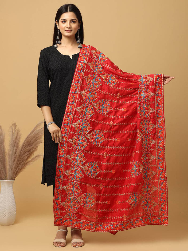 Red Silver Floral Band Pashmina Dupatta