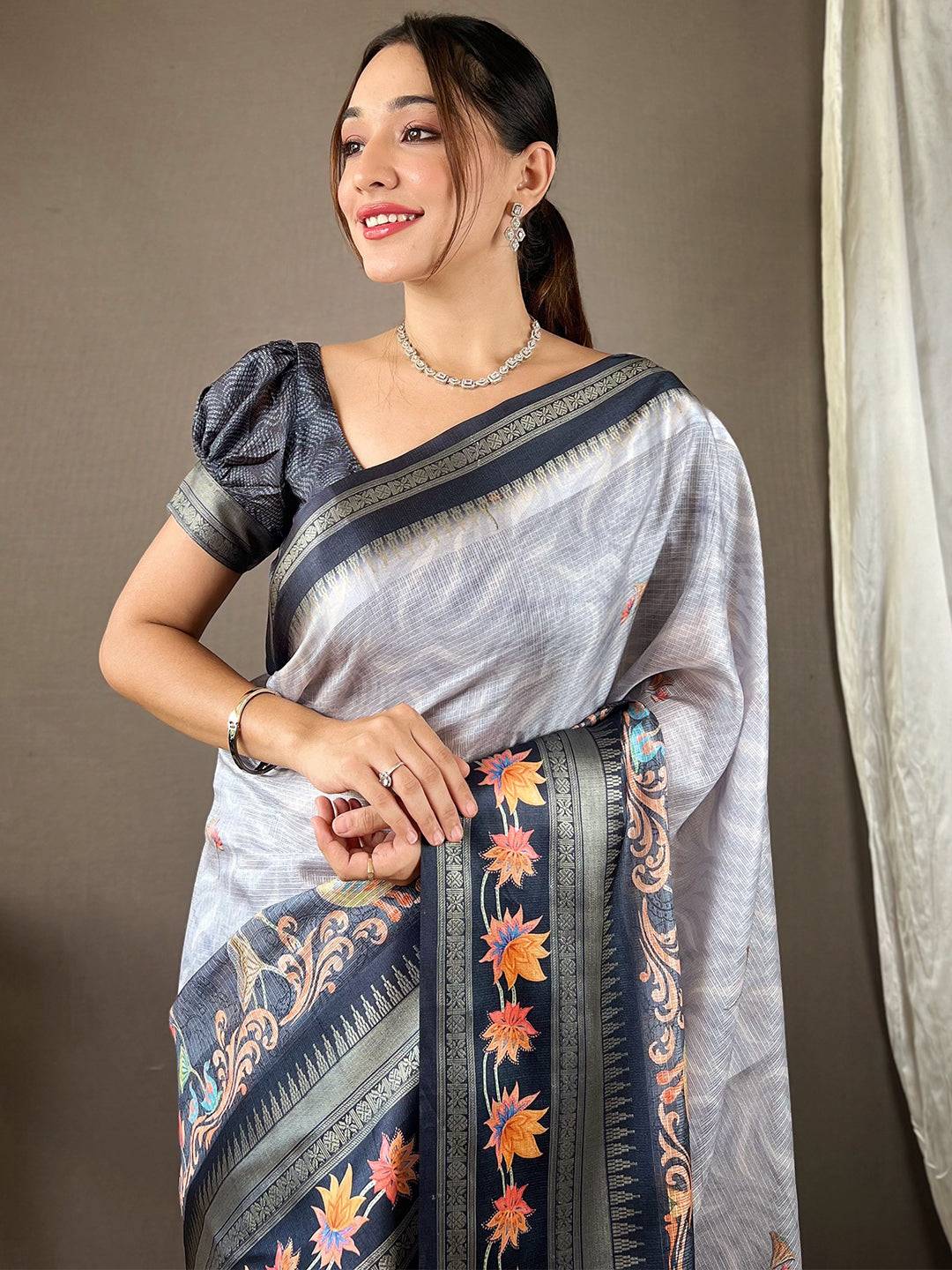 Dove Grey Kota Satin Border Saree