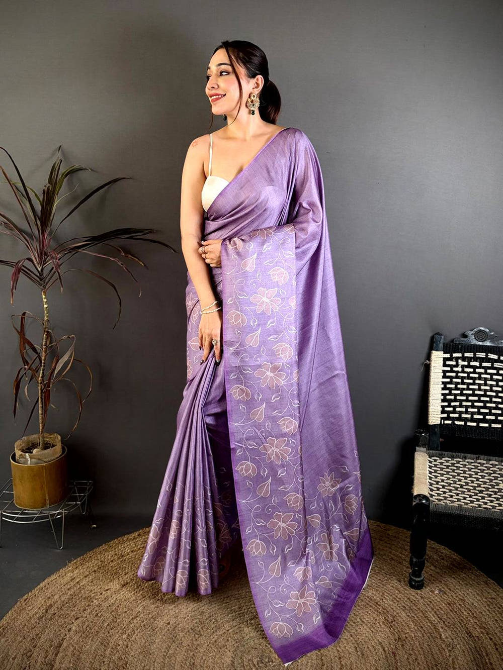 Lavender Floral Print Soft Tussar Saree