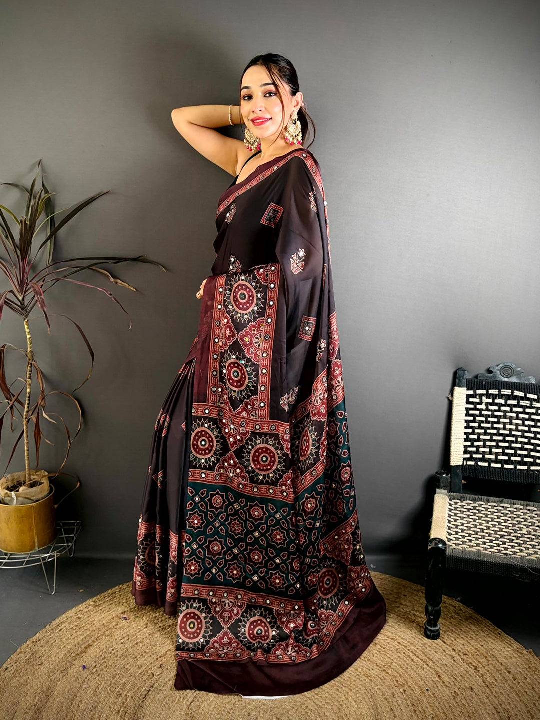 Radiant Ajrakh Print Mirror Work Saree