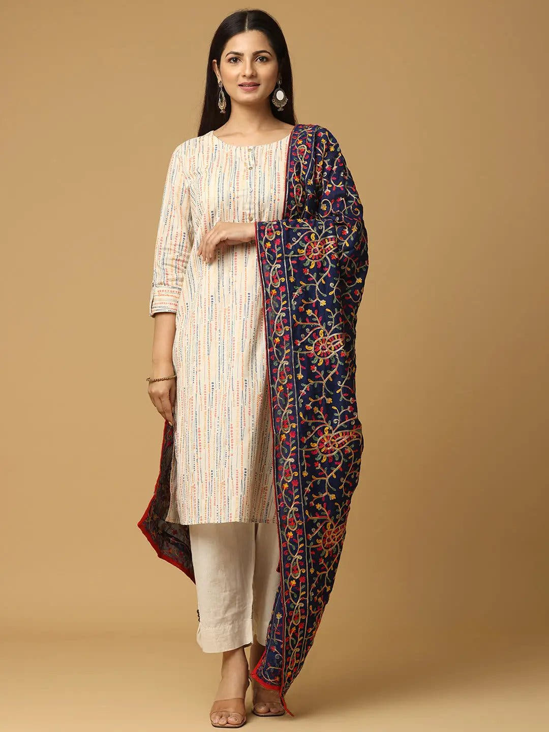 Navy Fine Paisley Border Pashmina Dupatta