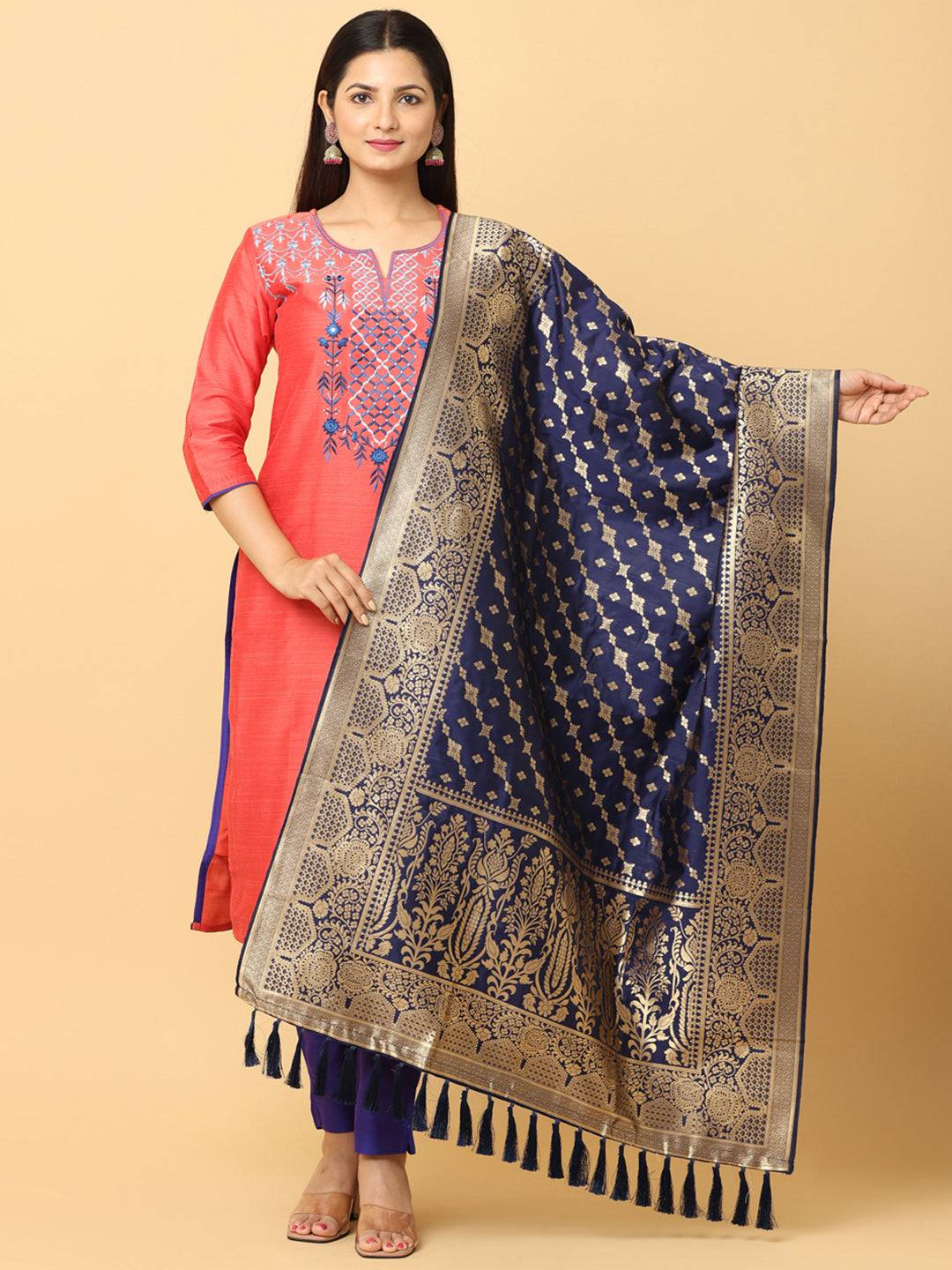 Latest Navy Colour Woven Design Silk Blend Dupatta