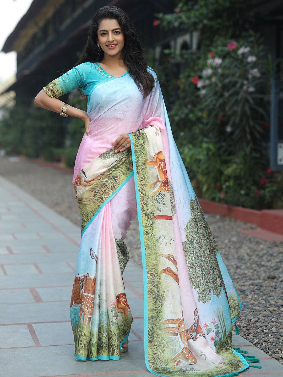 Satin Georgette Multi Colour Hand Print Saree - Luxe