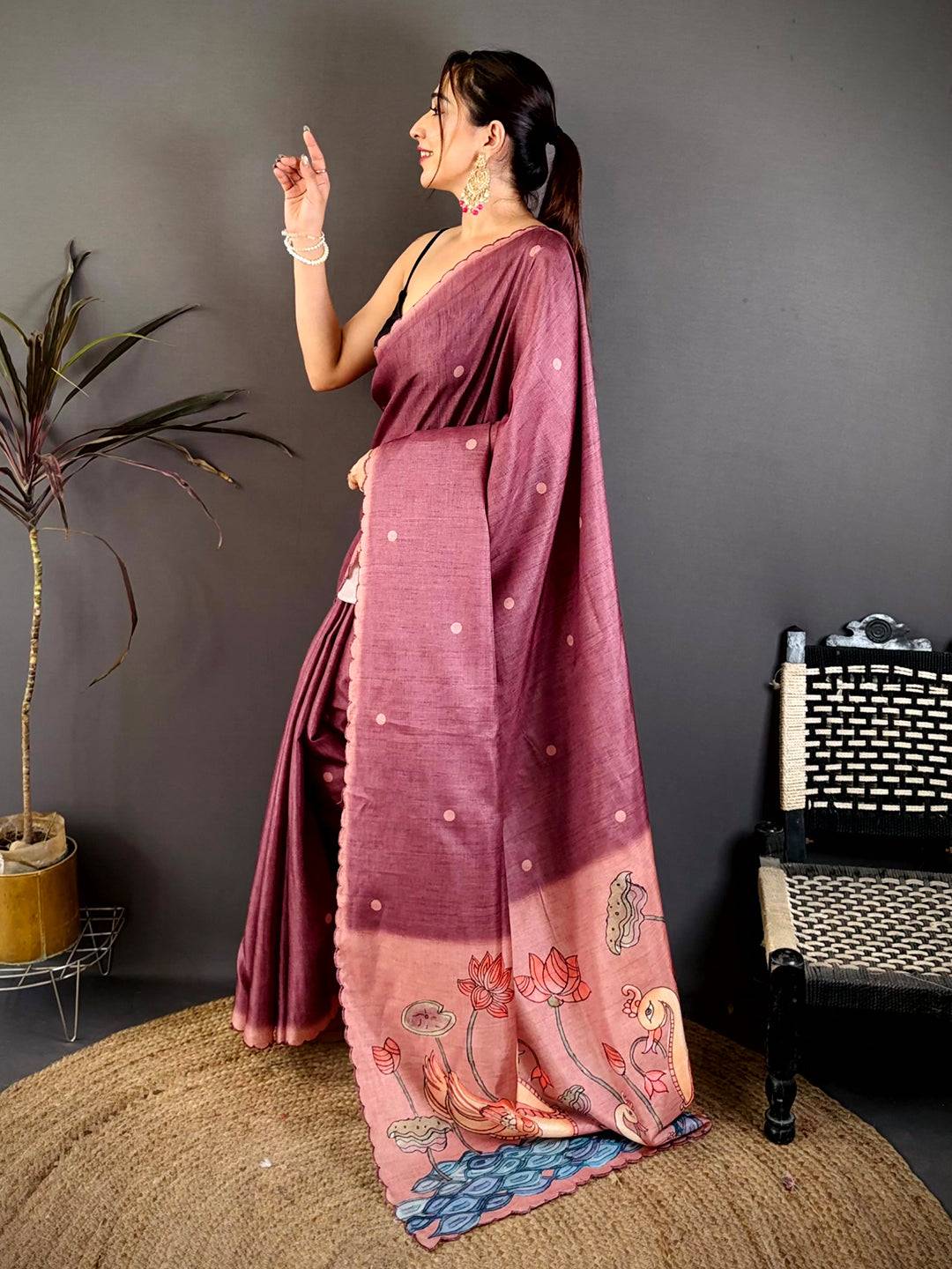 Radiant Wine Kalamkari Tussar Saree