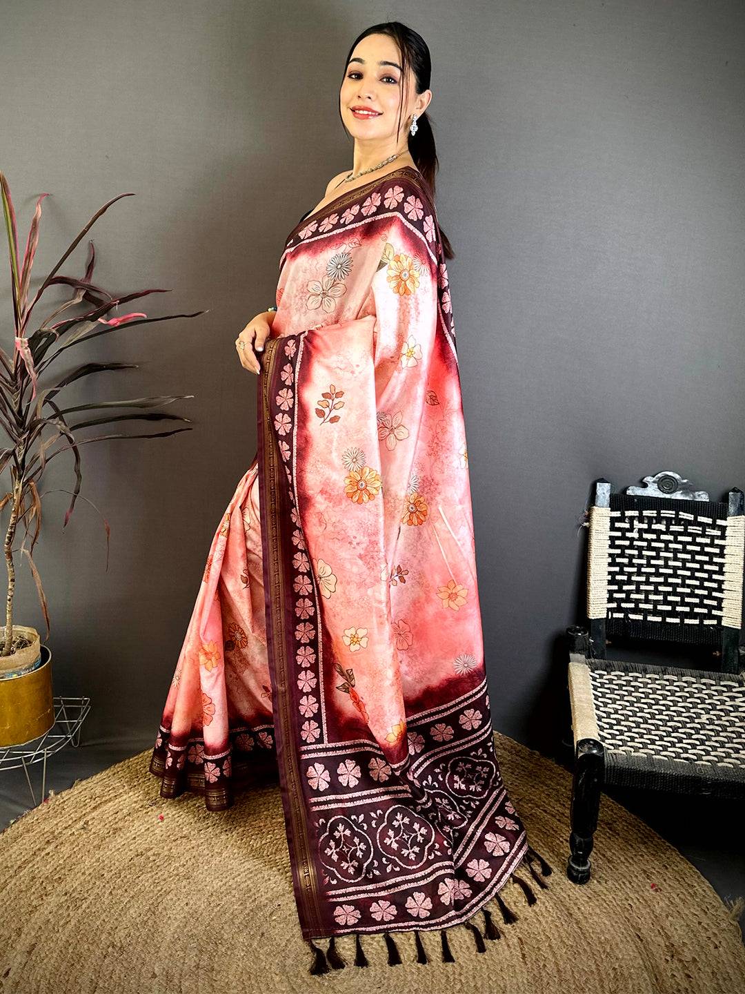 Stylish Floral Soft Silk Zari Border Saree