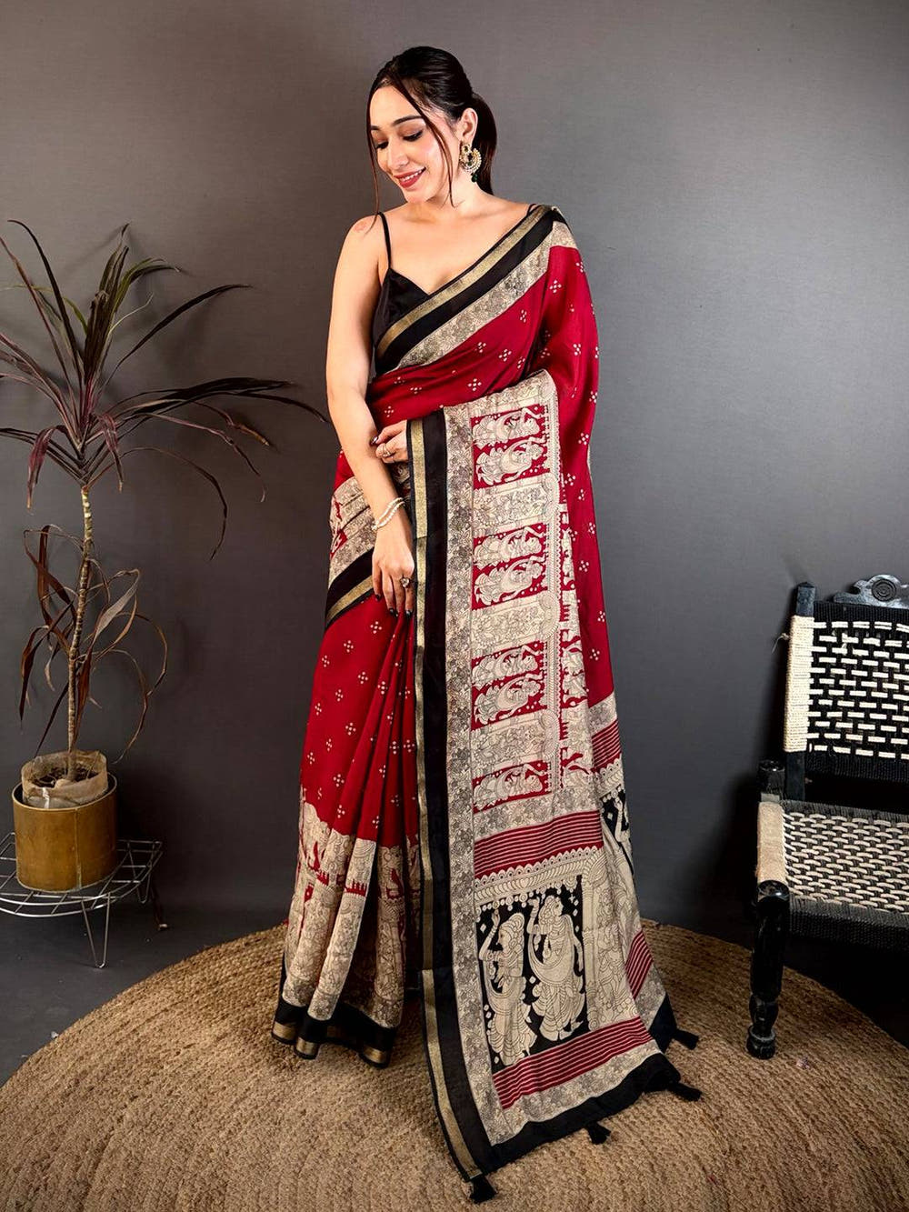 Red Mul Cotton Kalamkari Block Print Saree