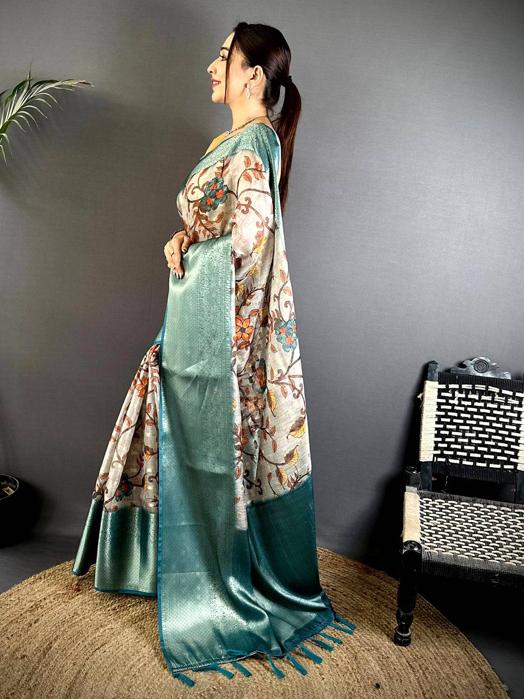 Bloom Kota Doriya Kalamkari Printed Saree