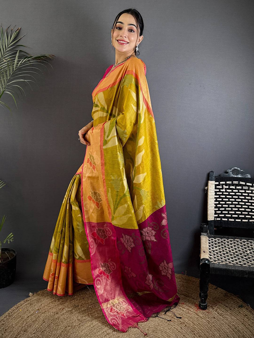 Yellow Soft Chanderi Pochampally Ikkat Saree