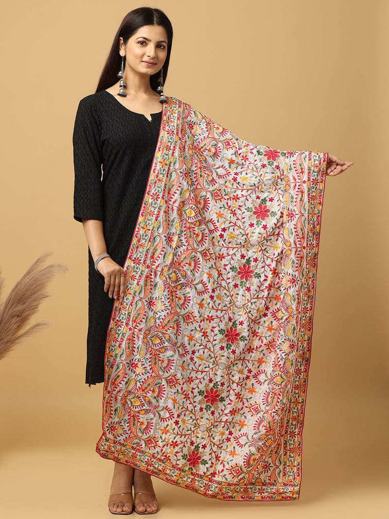 Ivory Multicolour Floral Pashmina Dupatta