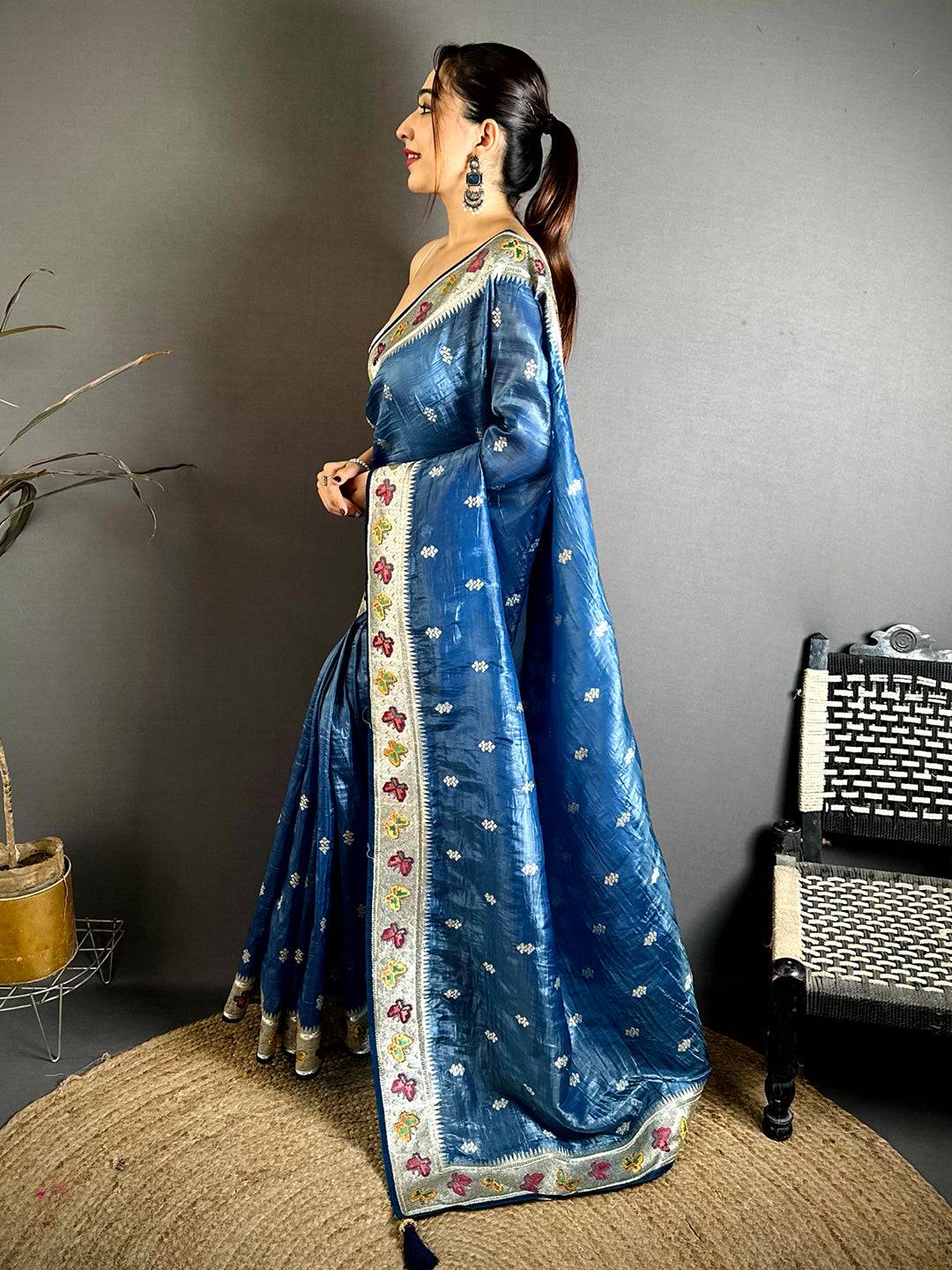 Blue Crush Silk Zari Embroidered Saree