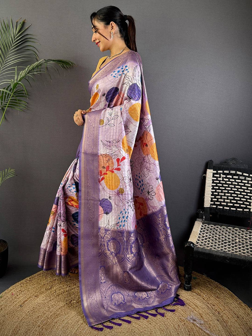 Lavender Freehand Design Gadwal Saree