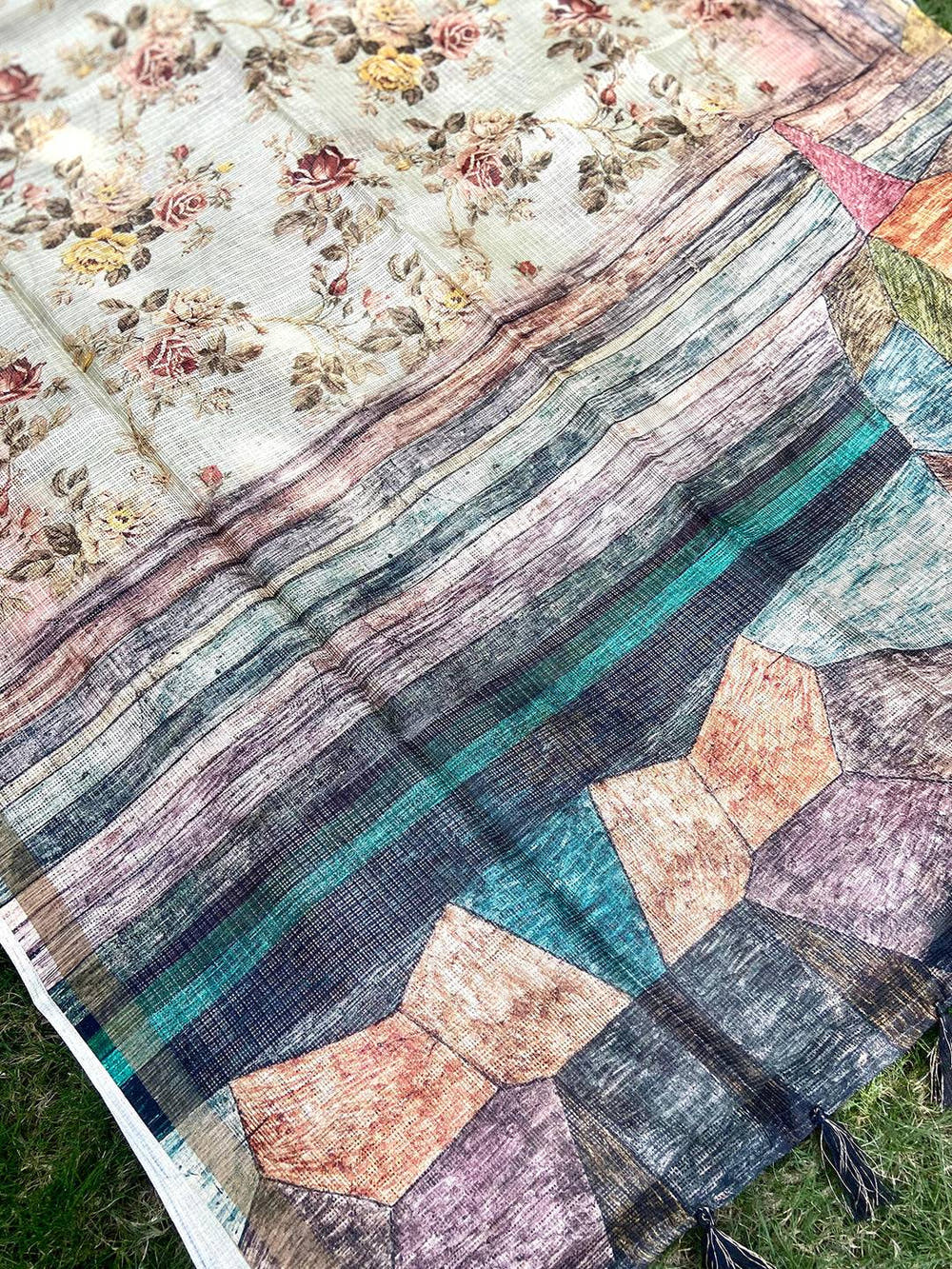 Beige Colour Soft Kota Doriya Silk Saree With Flower & abstect Prints