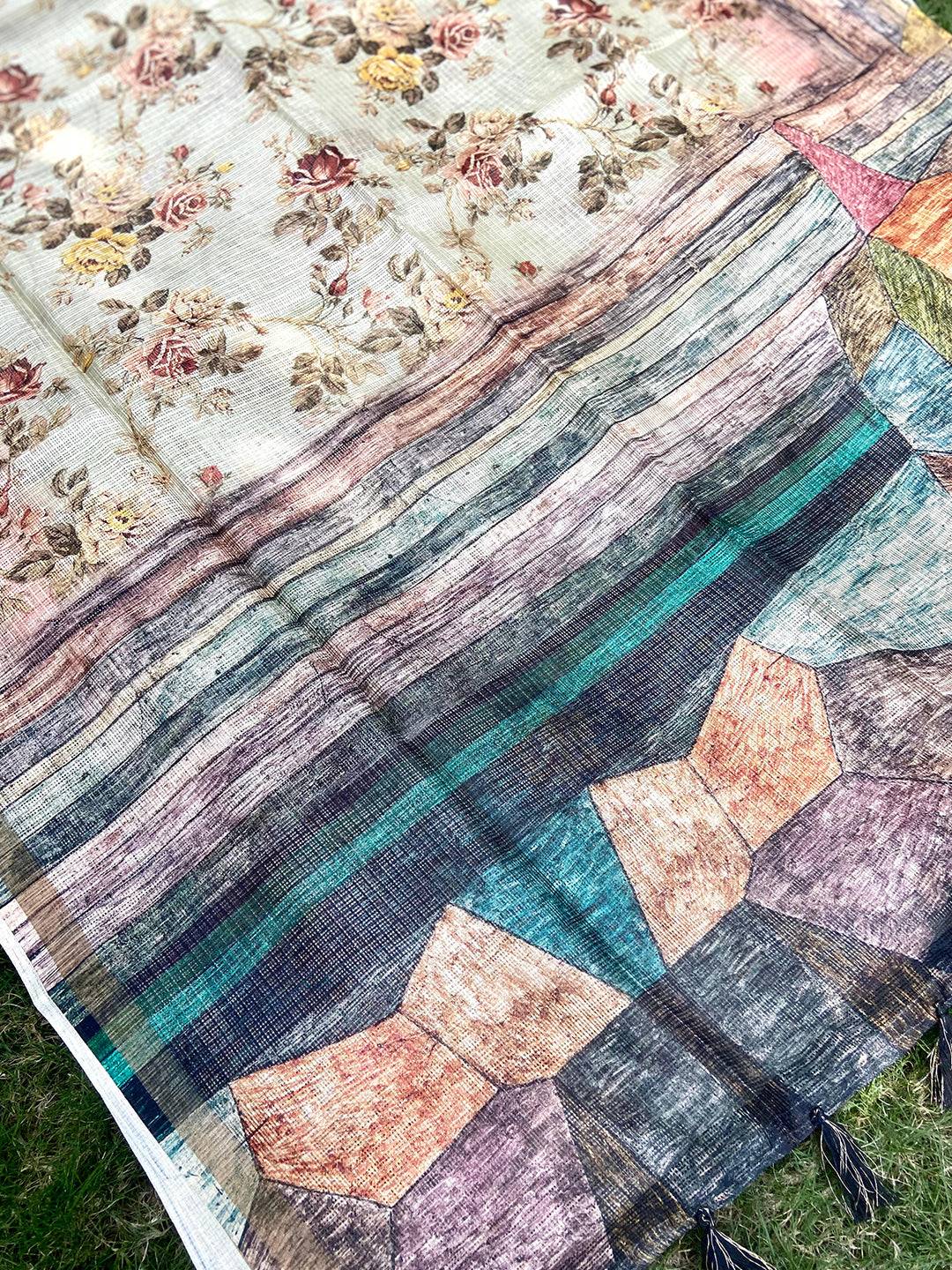 Beige Colour Soft Kota Doriya Silk Saree With Flower & abstect Prints